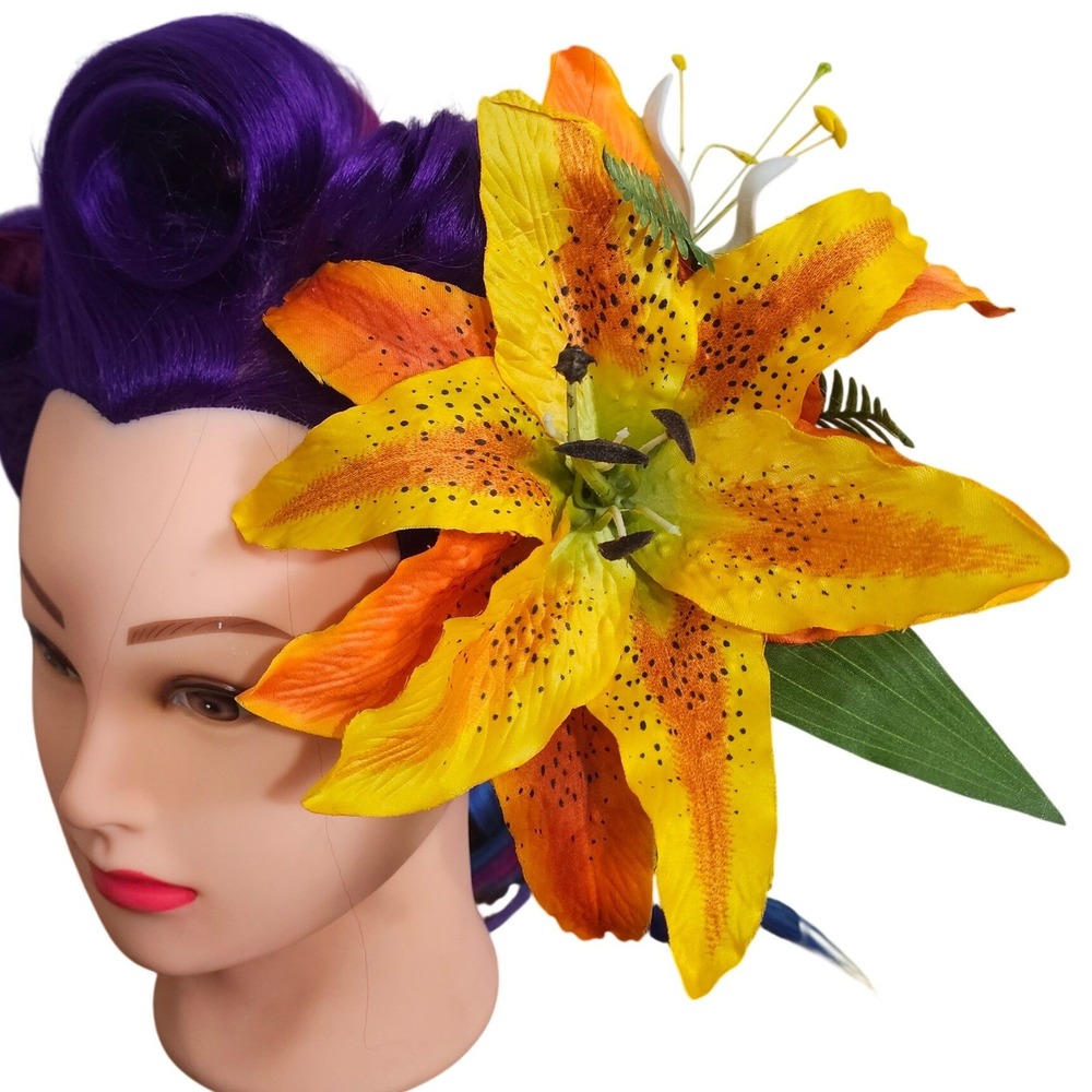 Tropical Hibiscus Lily Hair Flower Clip Orange Yellow Tiki Pinup Rockabilly
